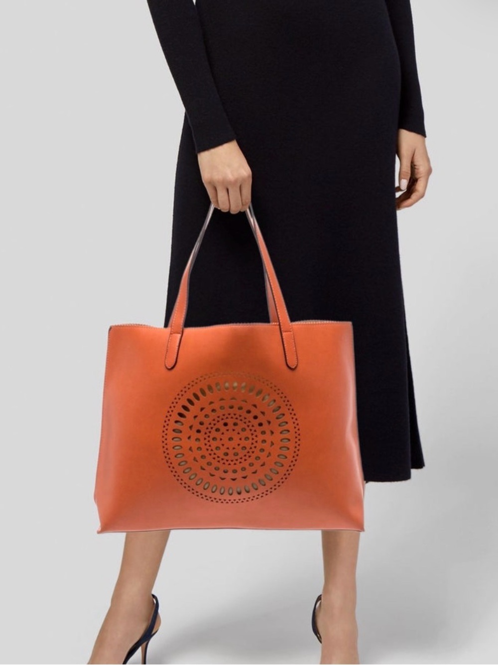 Neiman Marcus Burnt Orange Leather Tote with Perforated Medallion